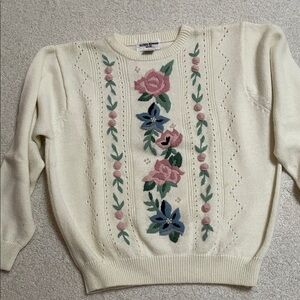 Alfred Dunner Cream Sweater with Floral Embroidery